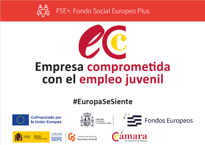 Segell Empresa compromesa amb l'ocupació juvenil de la Cambra de Comerç, programa FSE+ cofinançat per la Unió Europea